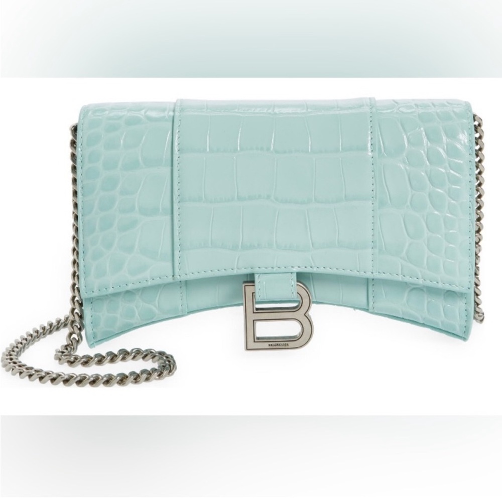 Balenciaga Light Green Croc Embossed Leather Soft Hourglass Wallet On Chain Bag